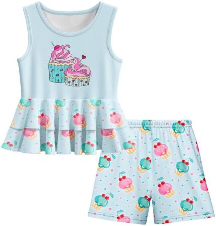 LQSZ Toddler Girl Clothes Set Summer Outfits Sleeveless Dress Top Loose Print Short Set for Kids 3-12 Years