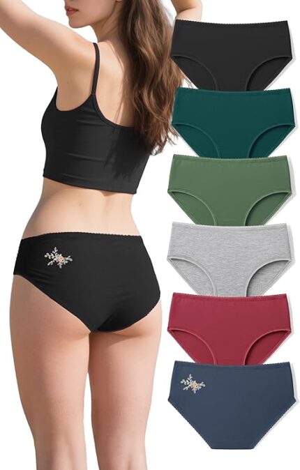 Women's 6 Pack Underwear Cotton Hipster Panties Low Rise Briefs Soft Strench Breathable Ladies Bikini Underwear